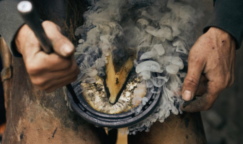 blacksmith shaping a horseshoe with smoke rising highlighting the artisan craft and skill involved in forging an 11 inch horse shoe